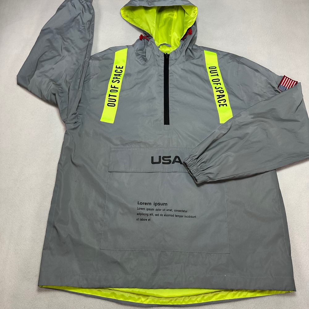 Bleecker & Mercer Mens Reflective Grey Neon Anorak Windbreaker Jacket USA Medium